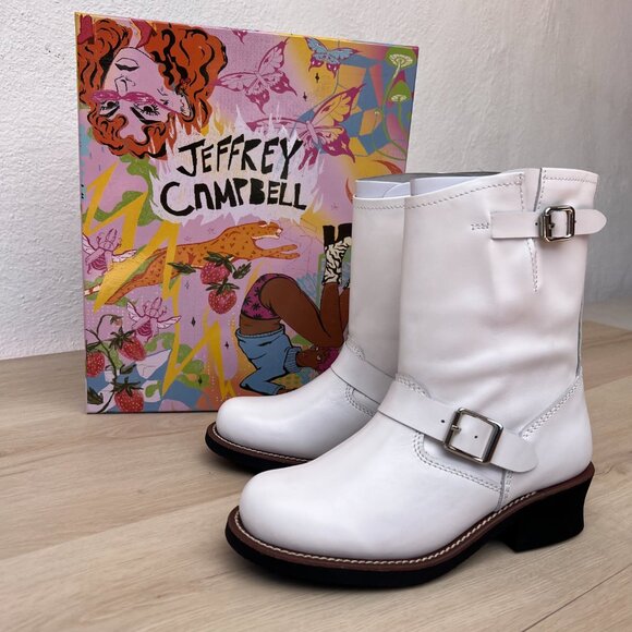 NIB Jeffrey Campbell Standoff White Leather Moto Boots(8.5) 90s Grunge Aesthetic - Picture 10 of 14
